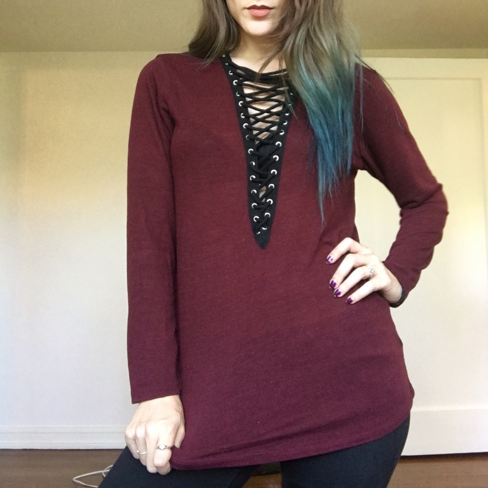 Dolls Kill Lace Up Burgundy Top